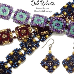 Granny Square Bracelet & Earrings beaded pattern tutorial by Deb Roberti (digital download PDF pattern in English only)