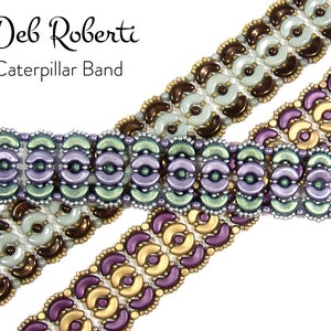 May include: Three beaded bracelets in different colour combinations. The bracelets feature a repeating pattern of small, round beads and larger, crescent-shaped beads. The colours include purple, green, gold, brown, and white.
