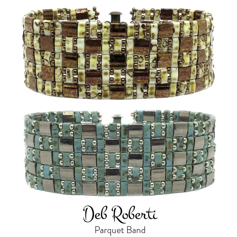 May include: Two beaded bracelets with a geometric pattern. The top bracelet is brown and white, and the bottom bracelet is turquoise and silver. The bracelets are labeled "Deb Roberti Parquet Band".