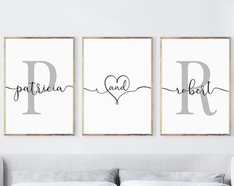 Couple name print digital, Bedroom prints couples over the bed wall decor, Initial and name print personalized, couple gifts, Name wall art