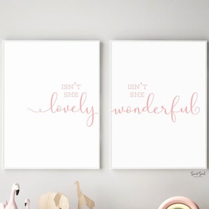 Nursery wall art girl, Baby girl room decor, Girl nursery prints, Isn't she lovely Isn't she wonderful, Nursery signs, Above crib wall decor