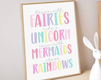 Dance com fadas, monte um unicórnio, nade com sereias: decoração de parede para quarto de menina, pôsteres rosa para quarto de bebê, arte de parede para criança pequena, pôsteres para sala de jogos.