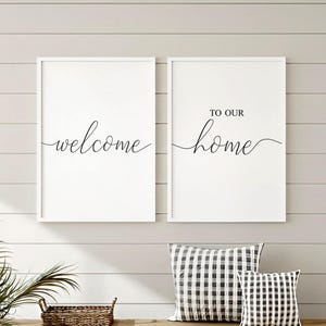 Bienvenido a nuestro hogar, arte imprimible para decoración de pared de sala de estar, decoración de entrada de casa, póster de pared estilo granja, lámina con cita para pared de pasillo (descargable)