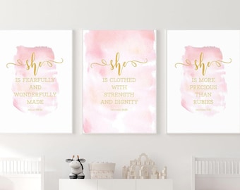 Elle est terriblement et merveilleusement, impression de versets de la Bible, décoration murale de chambre de fille, affiche de vers de la Bible pour chambre d'enfant, décoration de chambre de bambin, art mural de fille