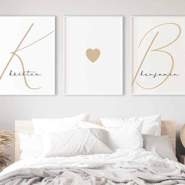 couple name initials print, master bedroom above bed art couple bedroom prints set of 3, wedding gifts couple name custom digital printable