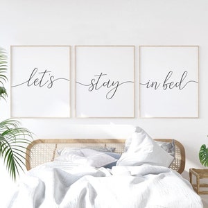 Let's stay in bed, Bedroom wall decor printable art, Couple bedroom prints over the bed sign, Master bedroom décor above bed poster download