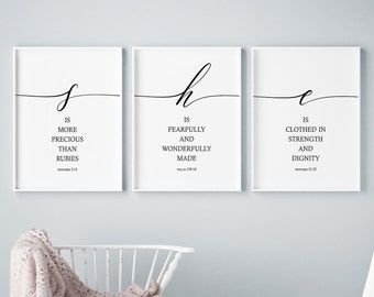 Girl Nursery Wall Art Digital Download, Toddler Girl Room Decor, Christian Nursery Prints Girl, She Is Clothed In Strength, She Is Fearfully