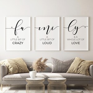 Au-dessus du canapé décoration murale famille tirages lot de 3, art mural famille citation imprimable, famille un peu folle, salon famille signe téléchargement