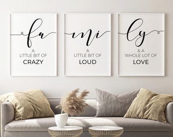 Above Couch Wall Decor Family Prints Set Of 3, Family Wall Art Printable Quote, Family Little Bit Of Crazy, Living Room Family Sign Download