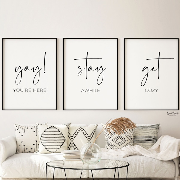 Yay you're here stay awhile get cozy, guest room wall decor above bed signs digital, guest room wall quotes, guest bedroom prints digital