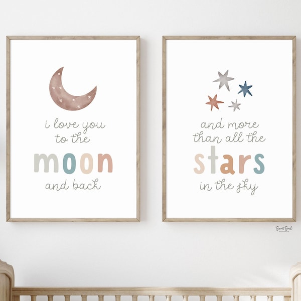 Ich liebe dich bis zum Mond und zurück und mehr als alle Sterne, Kinderzimmer Poster, Boho Poster, geschlechtsneutrales Bild, Kinderzimmer Wandbild