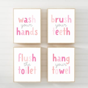 Girl Bathroom Prints Pink, Bathroom Wall Art Printable, Pink Bathroom Wall Decor, Children Bathroom Sign, Baby Bathroom Art Prints Download