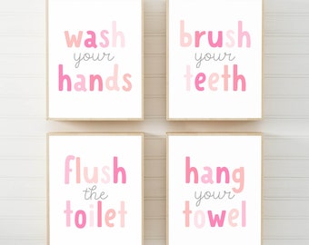 Girl Bathroom Prints Pink, Bathroom Wall Art Printable, Pink Bathroom Wall Decor, Children Bathroom Sign, Baby Bathroom Art Prints Download