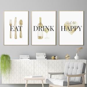 Eat Drink And Be Happy, Dining Room Wall Art, Kitchen And Dining Prints, Dining Area Decor, Dining Room Wall Decor Quotes, Kitchen Printable