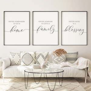 Ensemble de 3 impressions de famille pour salon, décoration murale au-dessus du canapé, citations sur la famille à la maison, art imprimable définition famille, art mural salle à manger