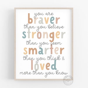 Cita de Winnie the Pooh, eres más valiente de lo que crees, más fuerte de lo que pareces, impresión bohemia para guardería, arte de pared para sala de juegos de niños, impresiones digitales para niños