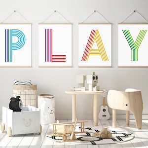 Descarga digital de impresiones PLAY, decoración de pared para sala de juegos imprimible, impresiones de arcoíris para sala de juegos, arte de pared brillante para guardería, impresiones para niños, arte para habitación de niños pequeños