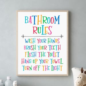 Bathroom rules print, Kids bathroom wall art, Children bathroom decor sign, Bathroom wall decor, Bathroom printable art, Bathroom art kids