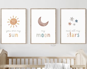 you are my sun my moon and all my stars, nursery prints boho, gender neutral nursery wall decor above crib printable art, kids room wall art