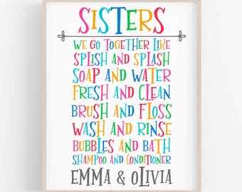 Girl Bathroom Decor, Sisters Name Wall Art, Bathroom Wall Decor, Twin Girl Nursery Prints, Custom Wall Art, Personlised Name Print Girl Room