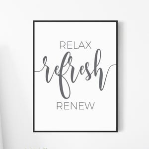 Descarga de láminas decorativas para pared "Relájate, Refréscate, Renueva", Láminas para baño, Frases para baño, Imágenes para baño, Arte para pared de spa, Decoración de pared para salón, Decoración de pared para baño