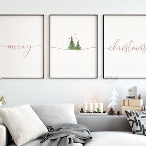 Merry Christmas prints set of 3 Christmas wall art, Christmas tree Print, Christmas home decor, Holiday printable Christmas sign download