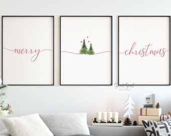 Merry Christmas prints set of 3 Christmas wall art, Christmas tree Print, Christmas home decor, Holiday printable Christmas sign download