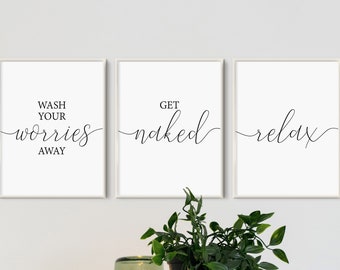 Wash your worries away, Get naked wall art, Bathroom wall art printable, Bathroom wall decor, Bathroom decor signs, Bathroom prints download