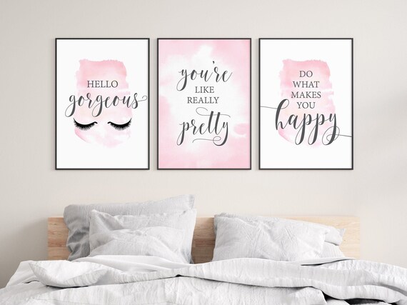 Girl Bedroom Prints Set of 3, Teenage Girl Room Decor, Hello Gorgeous Print,  Eye Lashes Wall Art, College Dorm Wall Decor Girl Printable Art 