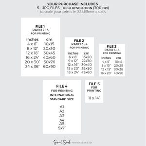 May include: A white graphic with print size options in inches and centimeters for various print ratios. Includes sizes like 4x6 inches (10x15 cm) up to 24x36 inches (60x90 cm). Also lists international standard sizes and a 11x14 inch option.