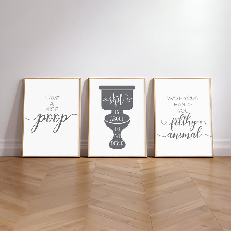 May include: Three rectangular wall art prints in thin gold frames. The left print says HAVE A NICE poop. The center print features a gray toilet silhouette with the text SHIT IS ABOUT TO GO DOWN. The right print says WASH YOUR HANDS YOU filthy animal.