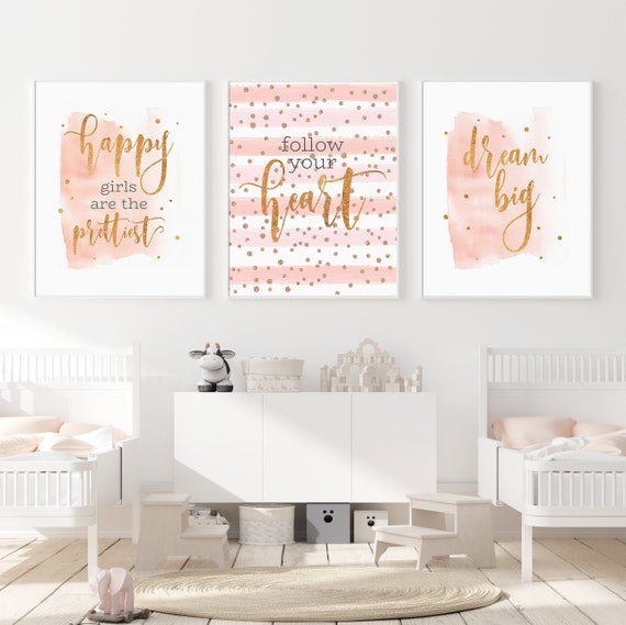 Room Decor Teen Girls Nursery Wall Art Set 3 Prints Pink Gold Dorm Room Decor Girls Bedroom Decor Rose Gold Quote Prints Download Printable