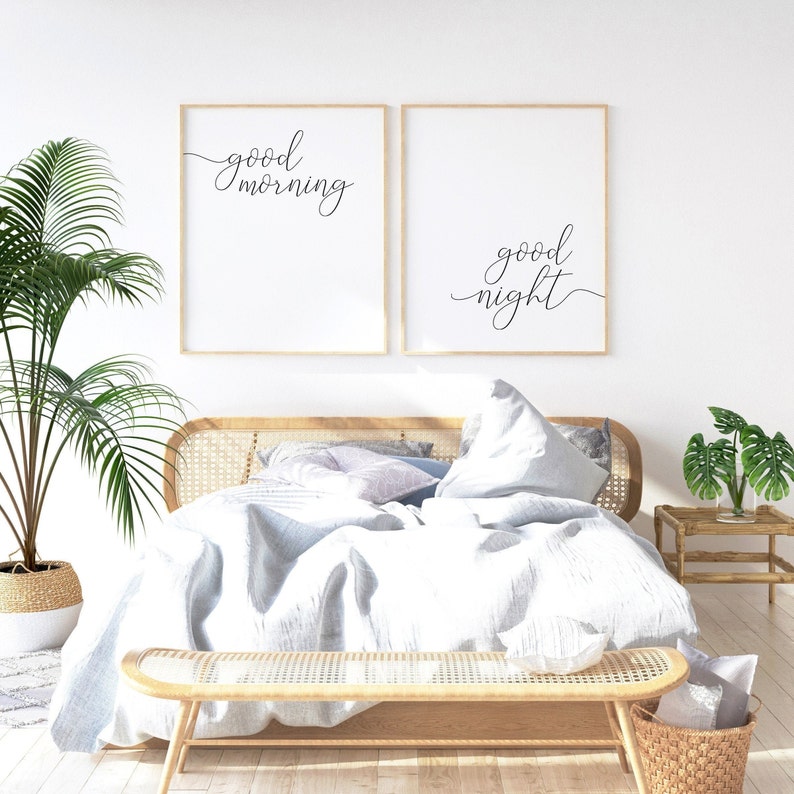 Good Morning Good Night, Wall Decor Bedroom Prints Set of 2, Above the