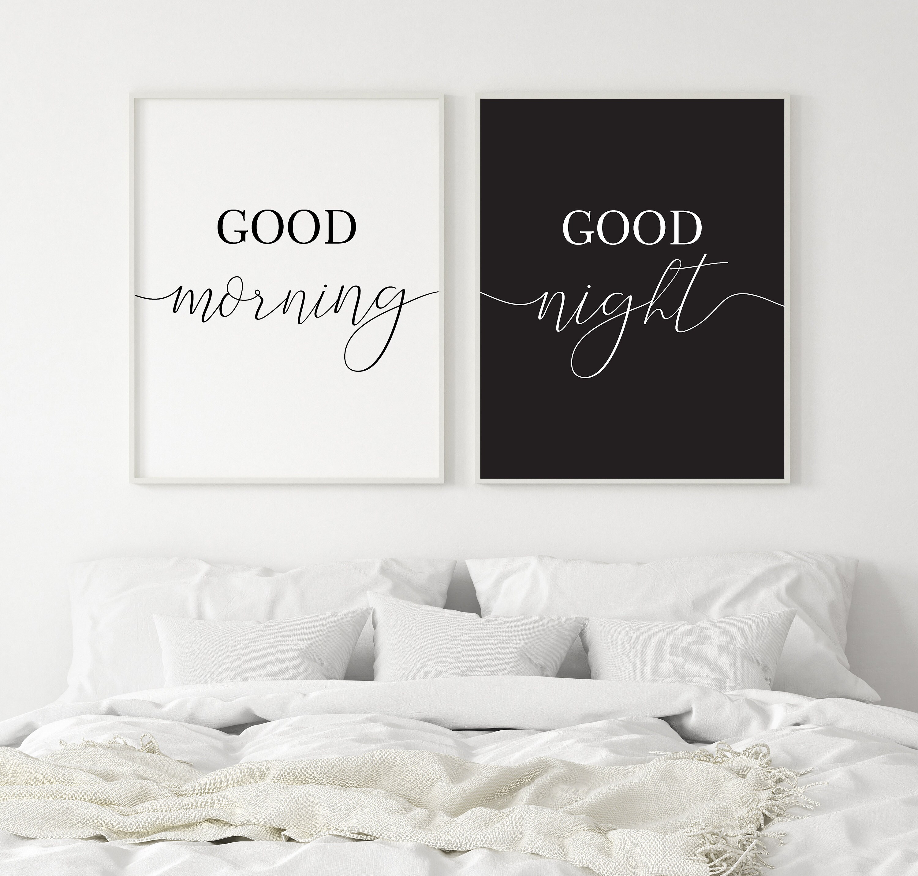 Good morning good night print bedroom wall art over the bed | Etsy