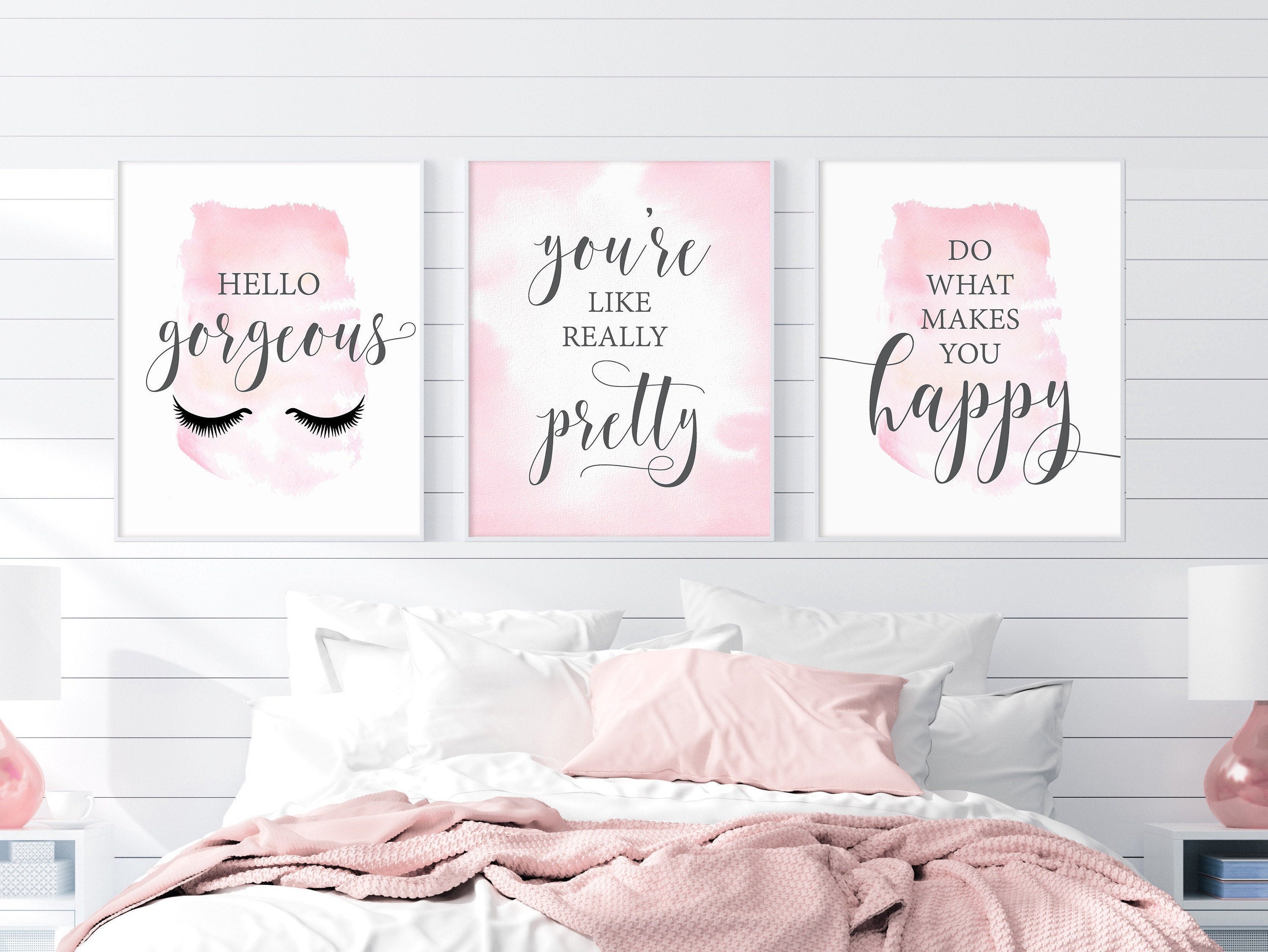 Girls bedroom prints set of 3 pink posters hello gorgeous | Etsy