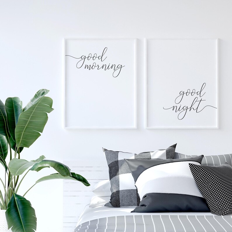 Good Morning Good Night, Wall Decor Bedroom Prints Set of 2, Above the