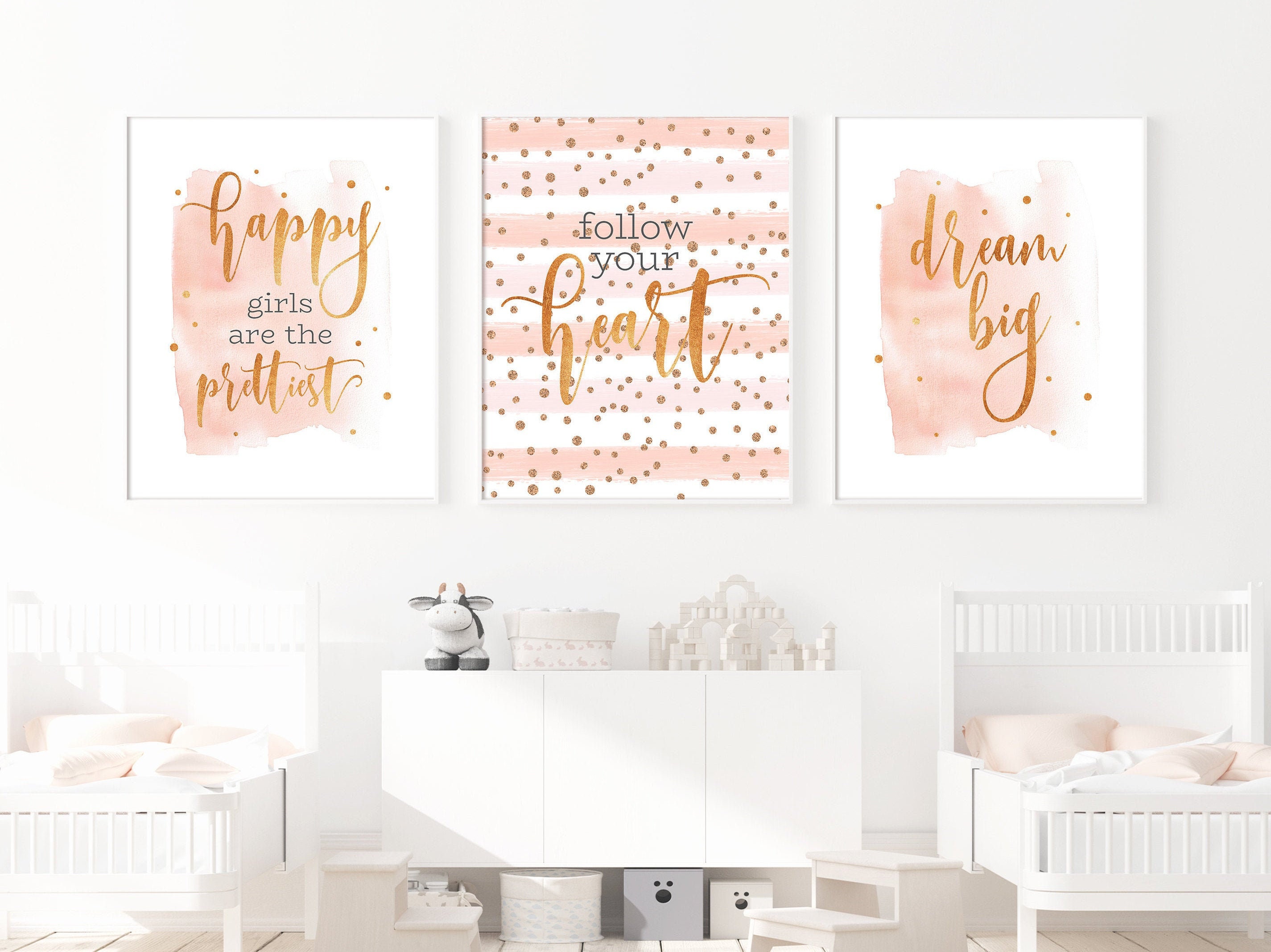 Room Decor Teen Girls Nursery Wall Art Set 3 Prints Pink Gold Etsy