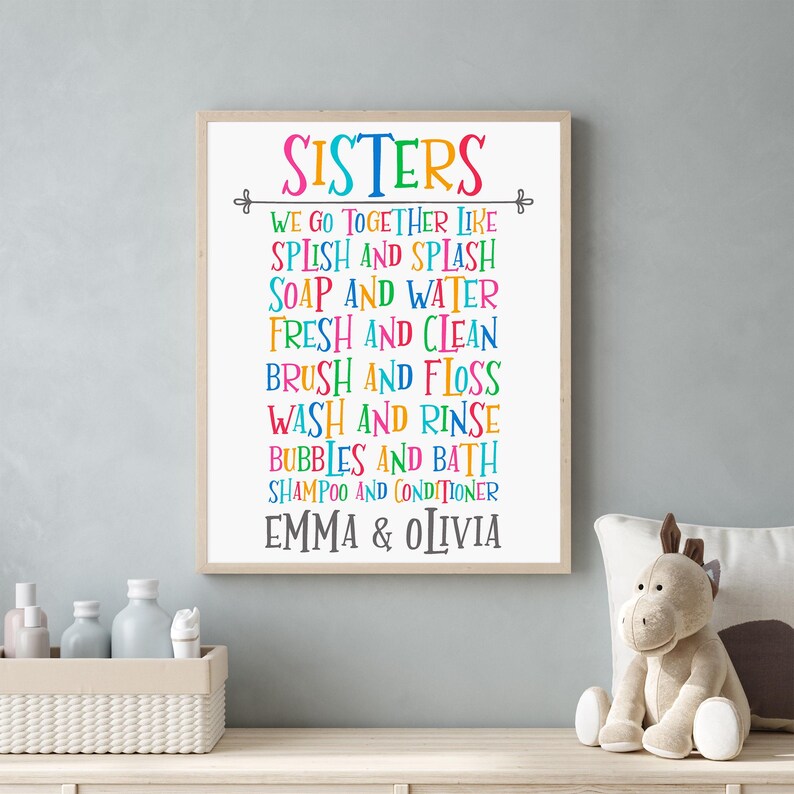 Girl Bathroom Decor, Sisters Name Wall Art, Bathroom Wall Decor, Twin Girl Nursery Prints, Custom Wall Art, Personlised Name Print Girl Room image 5