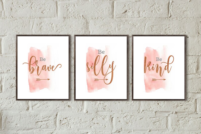 Blush Pink Wall Art Baby Girl Nursery Prints Set Of 3 Printable Be Brave Print Teen Decor Gold
