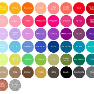 May include: A chart of 100 color swatches with names for each color. The colors are arranged in rows and columns. The colors include mustard, vibrant yellow, citrus, orange, peach, shell pink, living coral, red, tango red, brick, crystal pink, candy pink, bloom, pink, raspberry, fuchsia, orchid, aster, beet red, grape juice, lilac, lavender, easter egg, tulip, amethyst, purple, amaranth, plum, violet, imperial, sky, clear water, blue, marina, nautical, navy, midnight, storm, bristol, angle, mint, lime, apple green, green, foliage, elm, khaki green, bayberry, teal, turq, beige, natural, tan, brown, wood, iron, black, charcoal, ash, grey, gold, rose gold, silver.