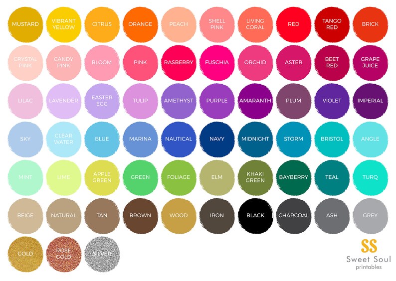 May include: A chart of 100 color swatches with names for each color. The colors are arranged in rows and columns. The colors include mustard, vibrant yellow, citrus, orange, peach, shell pink, living coral, red, tango red, brick, crystal pink, candy pink, bloom, pink, raspberry, fuchsia, orchid, aster, beet red, grape juice, lilac, lavender, easter egg, tulip, amethyst, purple, amaranth, plum, violet, imperial, sky, clear water, blue, marina, nautical, navy, midnight, storm, bristol, angle, mint, lime, apple green, green, foliage, elm, khaki green, bayberry, teal, turq, beige, natural, tan, brown, wood, iron, black, charcoal, ash, grey, gold, rose gold, silver.