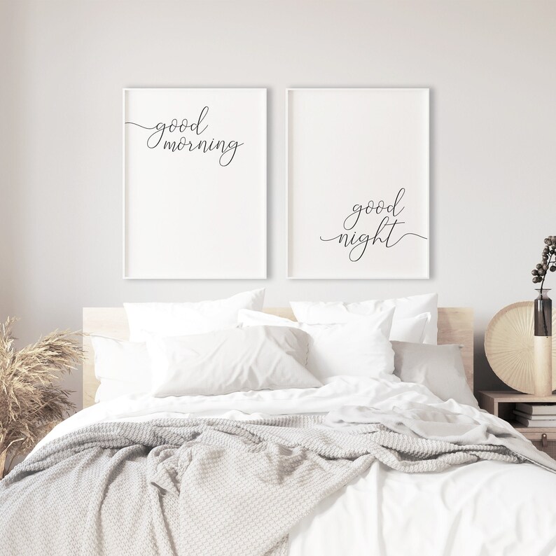 Good Morning Good Night, Wall Decor Bedroom Prints Set of 2, Above the