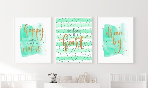 Room Decor Teen Girls Nursery Wall Art Set 3 Prints Mint Gold - Teen Wall Art Room Decor Teen Girls Nursery Wall Art Set 3 Prints Mint Gold - Teen Wall Art