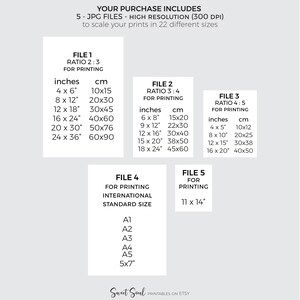 May include: A graphic showing five different file sizes for printing digital downloads. The file sizes are listed in inches and centimeters. The file sizes are for printing in ratios of 2:3, 3:4, 4:5, and international standard sizes.