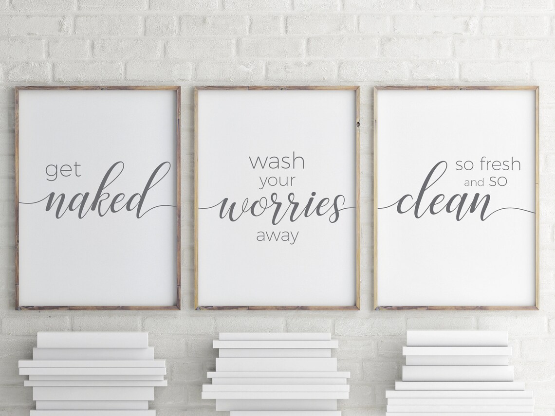 Bathroom prints set of 3 grey bathroom wall art get naked Etsy