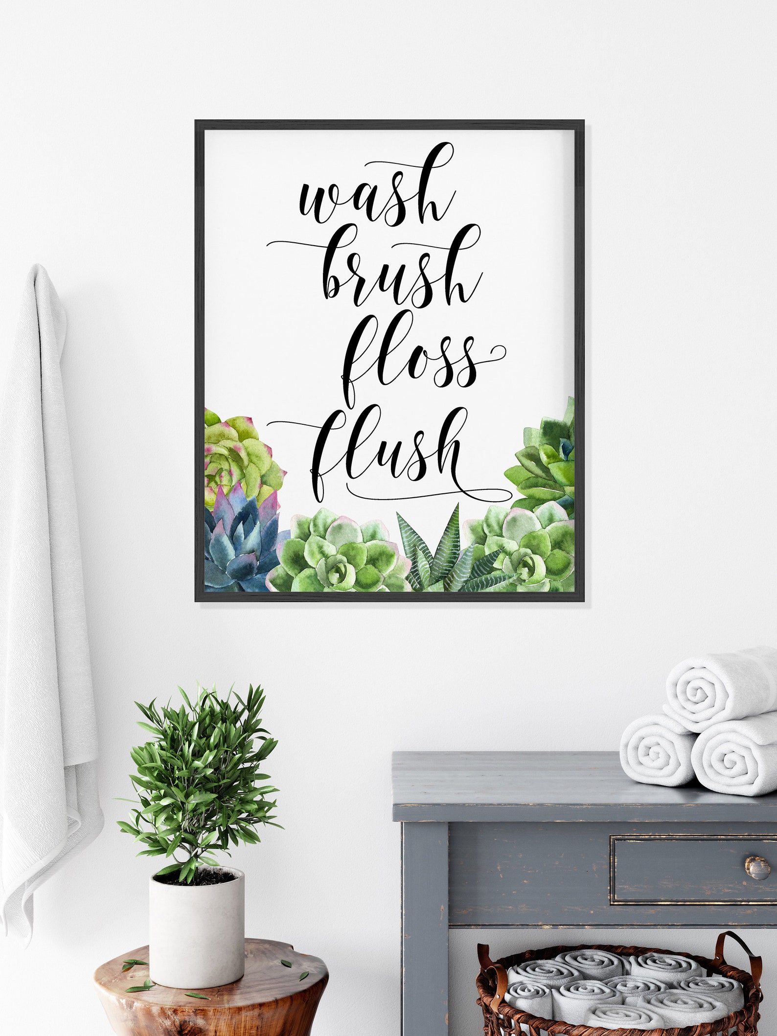 Wash Brush Floss Flush Printable Bathroom Decor Cactus Print | Etsy