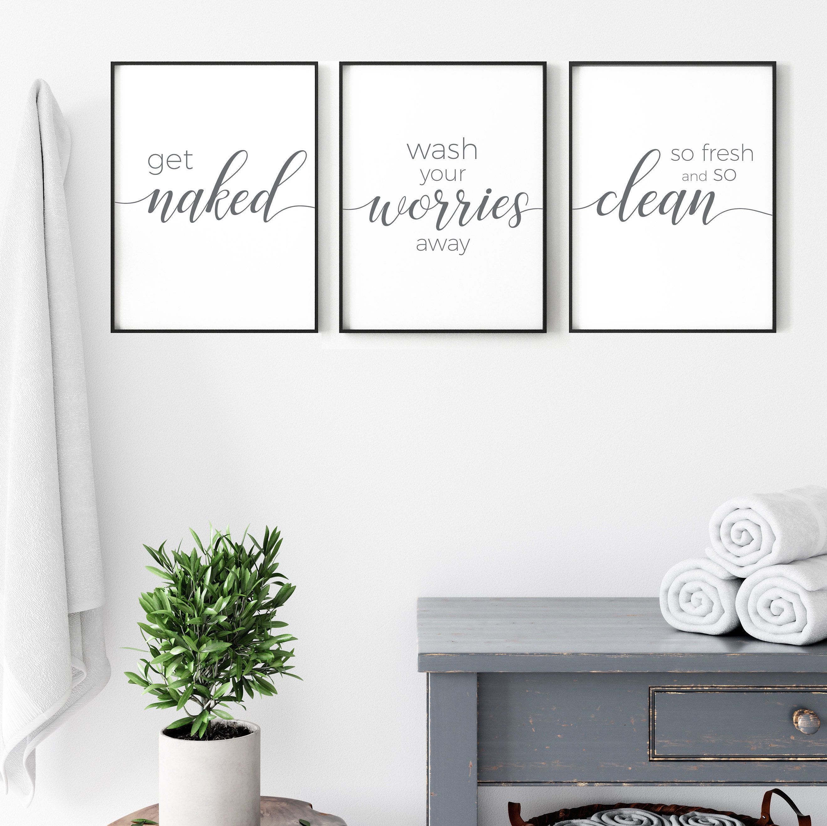 Bathroom prints set of 3 grey bathroom wall art get naked Etsy