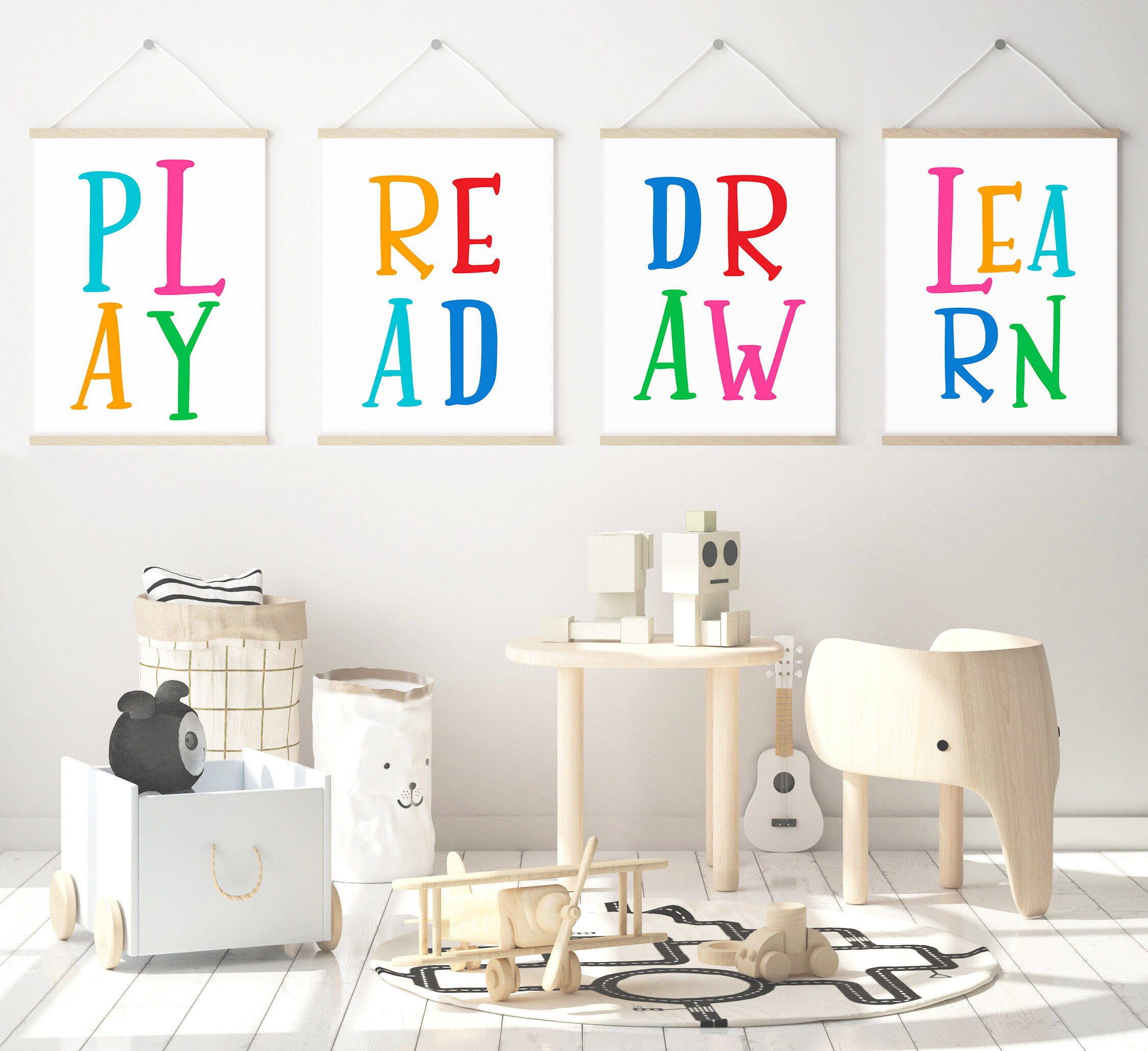 Playroom decor play read play letters wall art rainbow kids Etsy