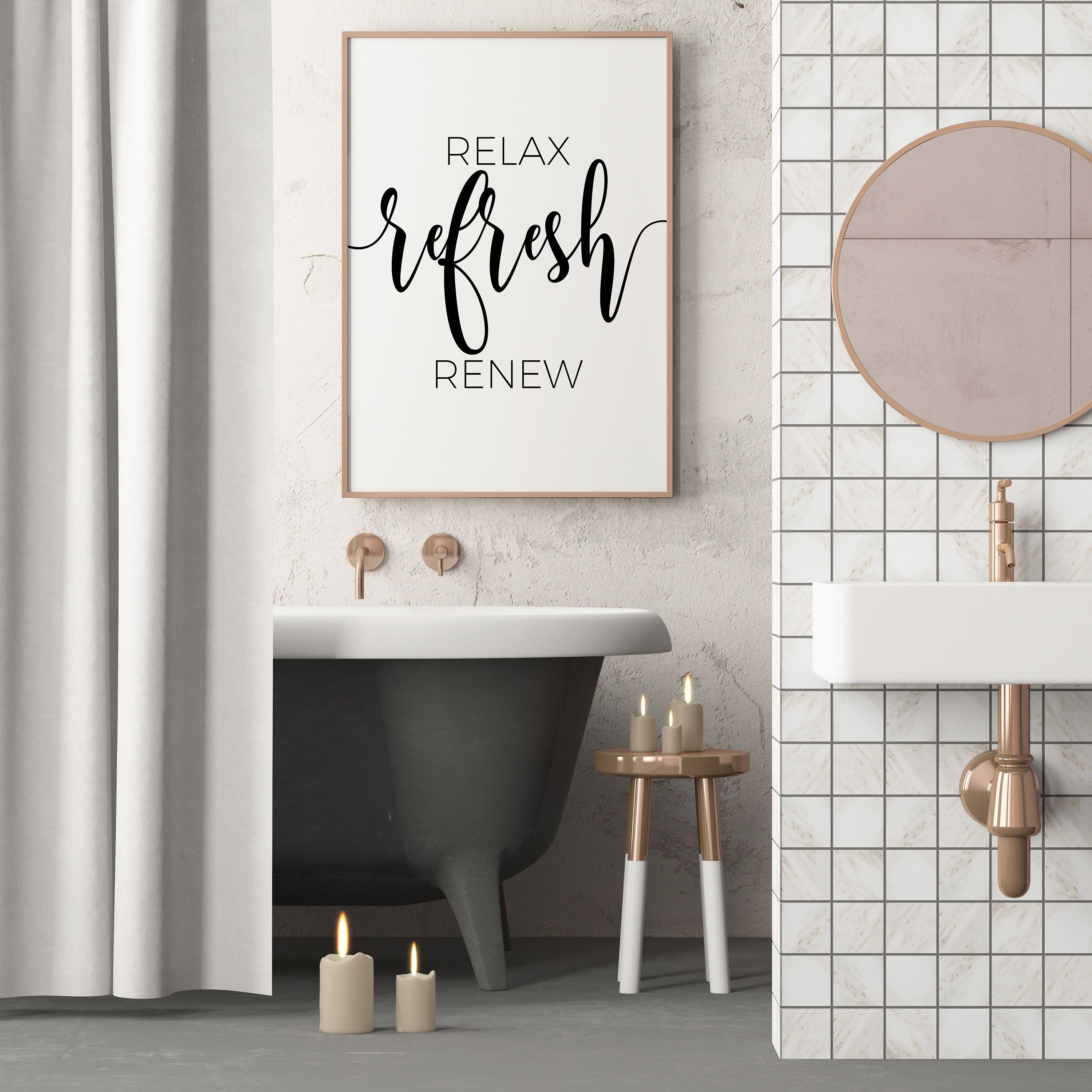 Bathroom decor print relax refresh renew printable bathroom | Etsy