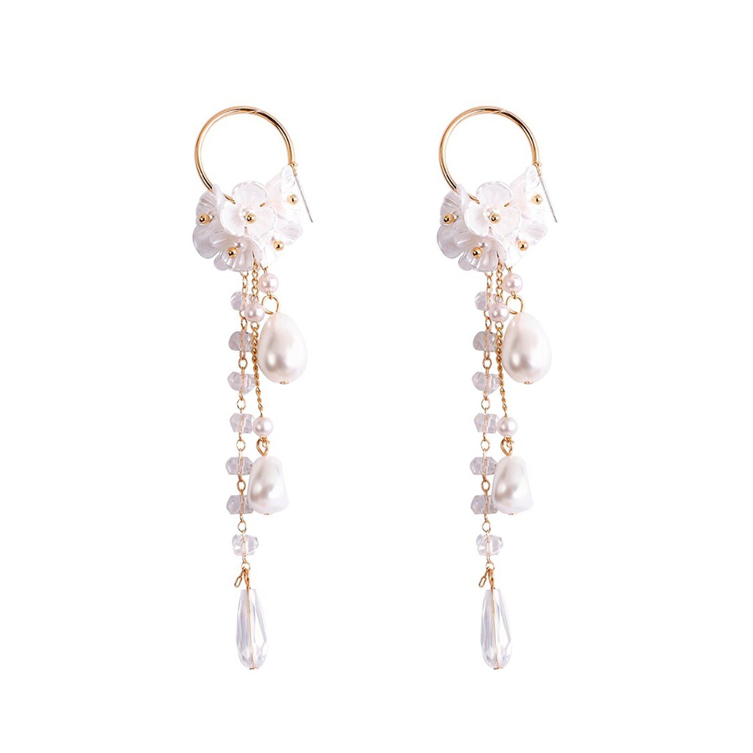 Long Dangle Flower Earrings, Floral Crystal Earrings, Bridal Wedding